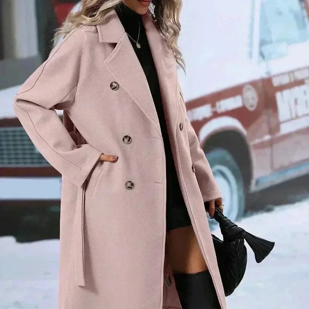 Casual Women's Lapel Neck Double Breasted Belted Jacket coat Dusty Pink - Picture 5 of 6